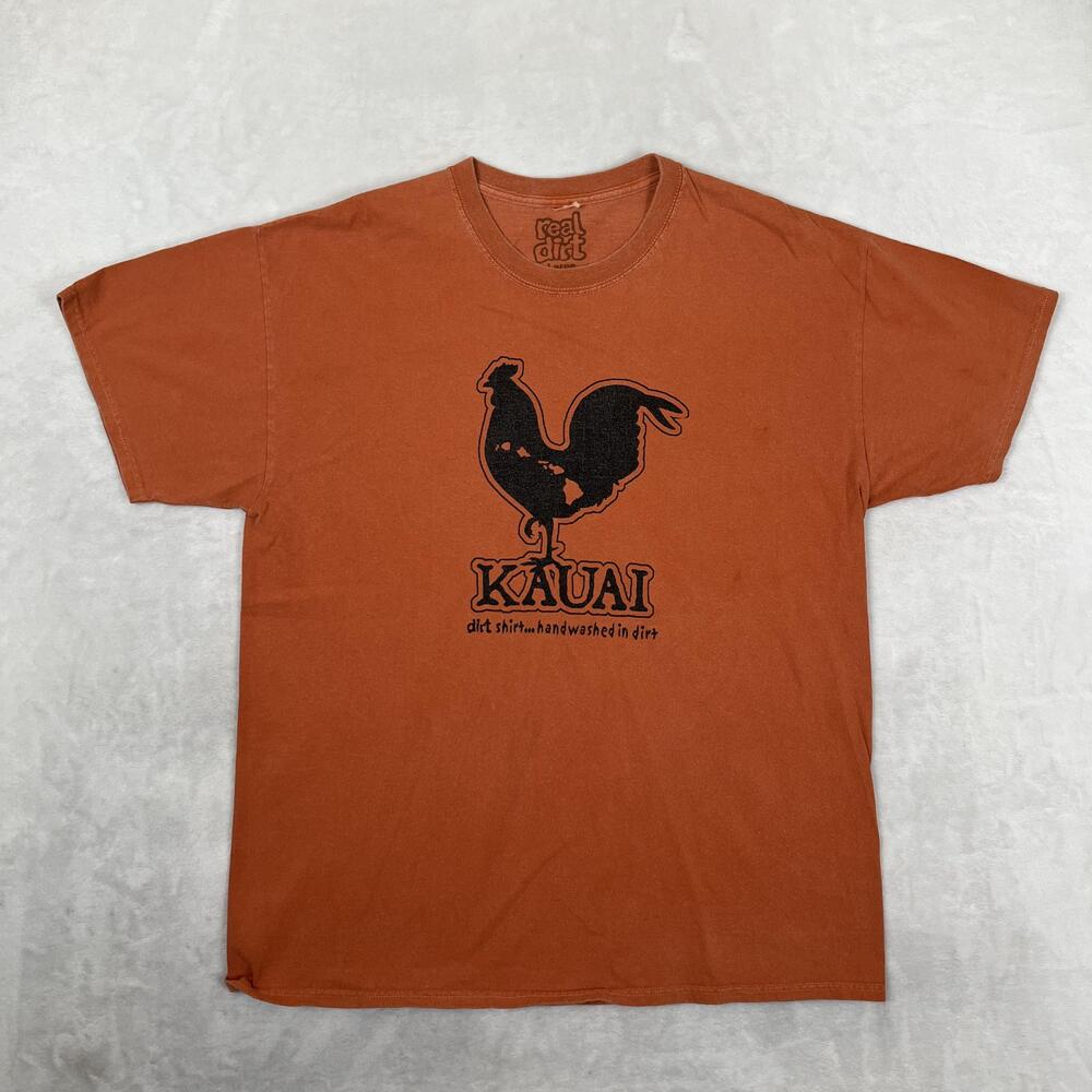 Real Dirt Kauai Rooster T-Shirt Mens Large Orange Hawaiian Dirt Shirt Tee